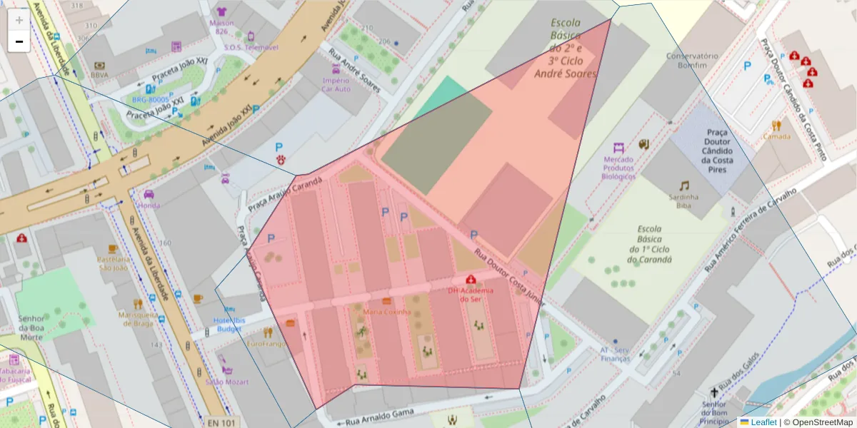 Mapa detalhado do código postal 4715-005 com limites, códigos postais vizinhos e agências dos correios