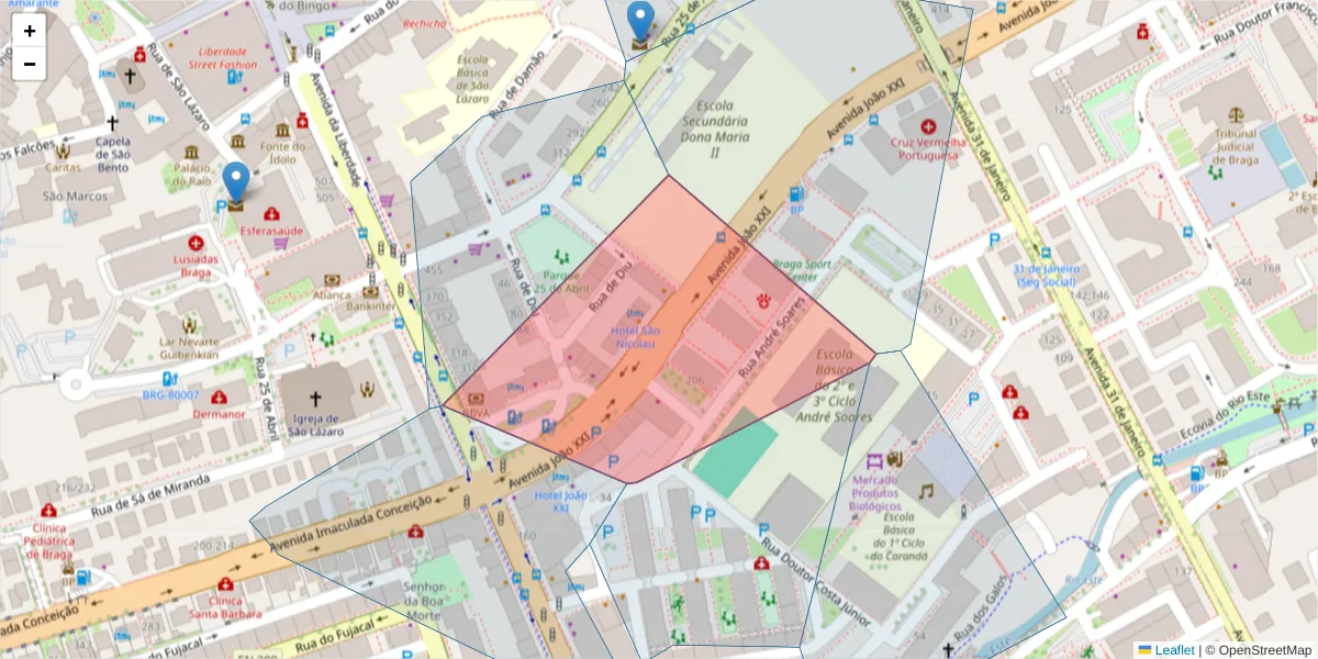 Mapa detalhado do código postal 4715-036 com limites, códigos postais vizinhos e agências dos correios