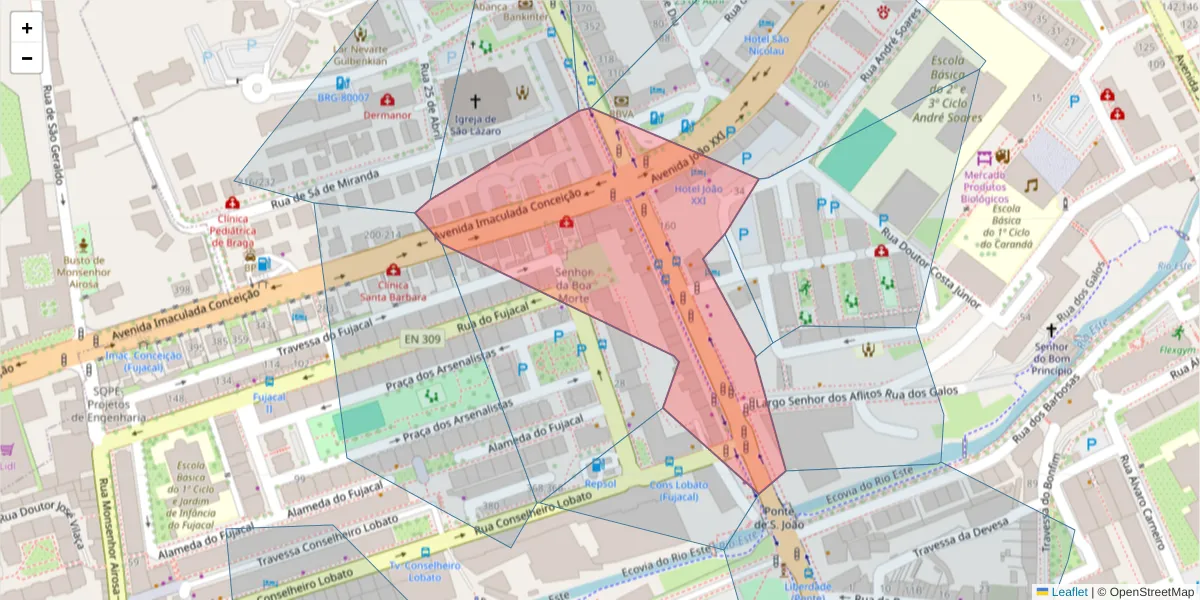Mapa detalhado do código postal 4715-037 com limites, códigos postais vizinhos e agências dos correios