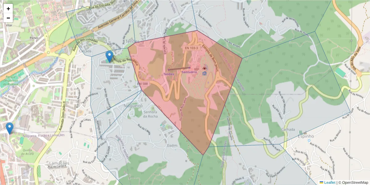 Mapa detalhado do código postal 4715-054 com limites, códigos postais vizinhos e agências dos correios