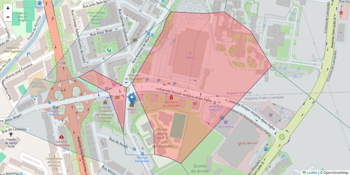 Mapa detalhado do código postal 4715-091 com limites, códigos postais vizinhos e agências dos correios