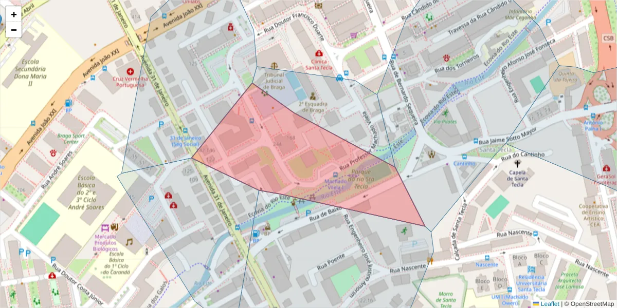 Mapa detalhado do código postal 4715-125 com limites, códigos postais vizinhos e agências dos correios