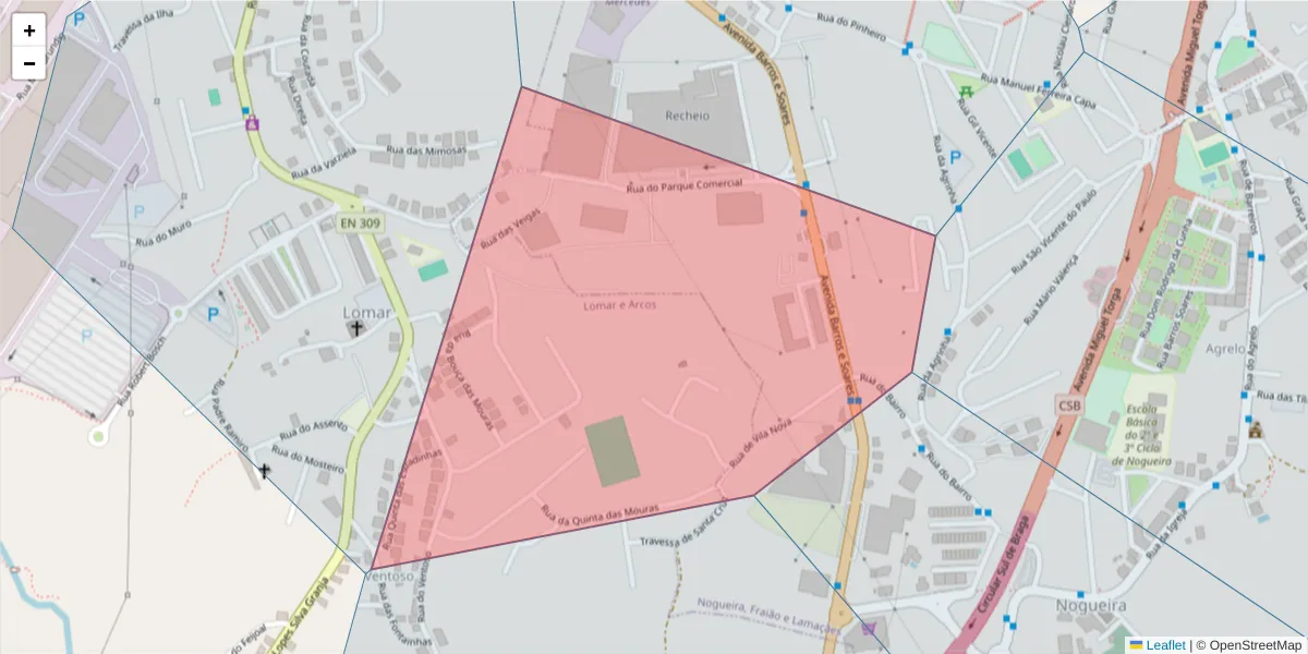Mapa detalhado do código postal 4715-162 com limites, códigos postais vizinhos e agências dos correios