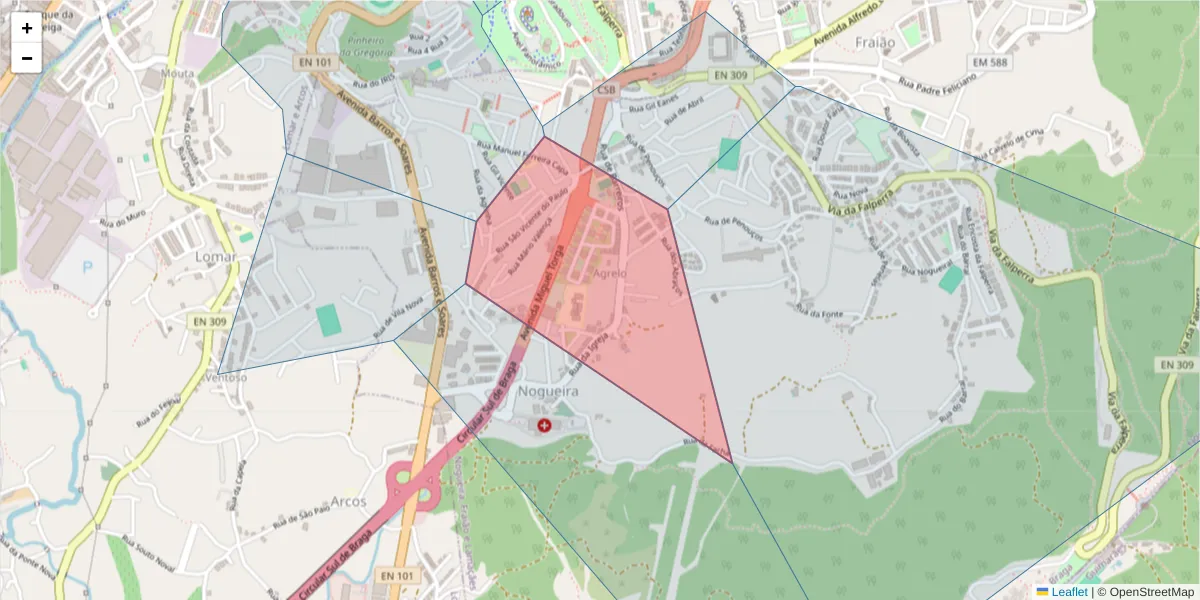 Mapa detalhado do código postal 4715-179 com limites, códigos postais vizinhos e agências dos correios