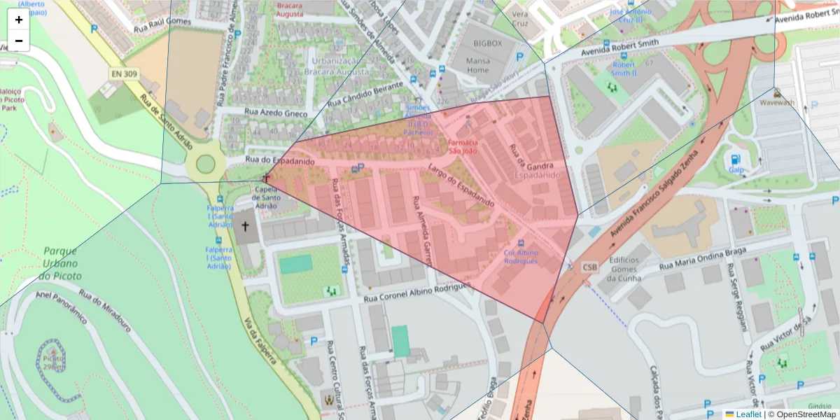 Mapa detalhado do código postal 4715-245 com limites, códigos postais vizinhos e agências dos correios