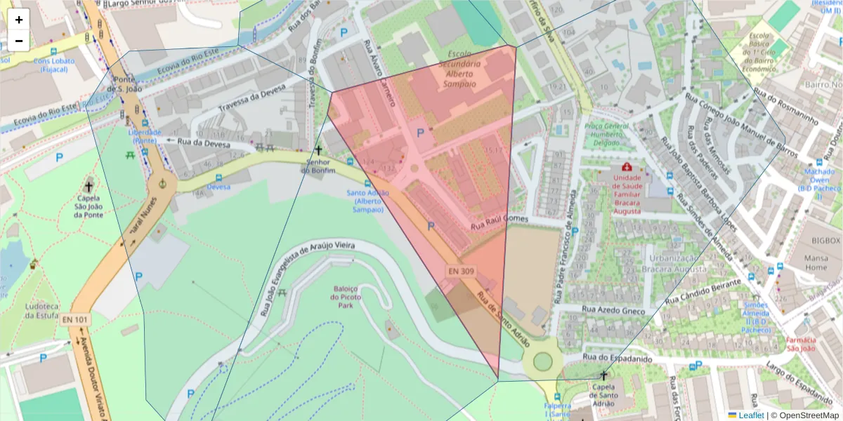 Mapa detalhado do código postal 4715-263 com limites, códigos postais vizinhos e agências dos correios