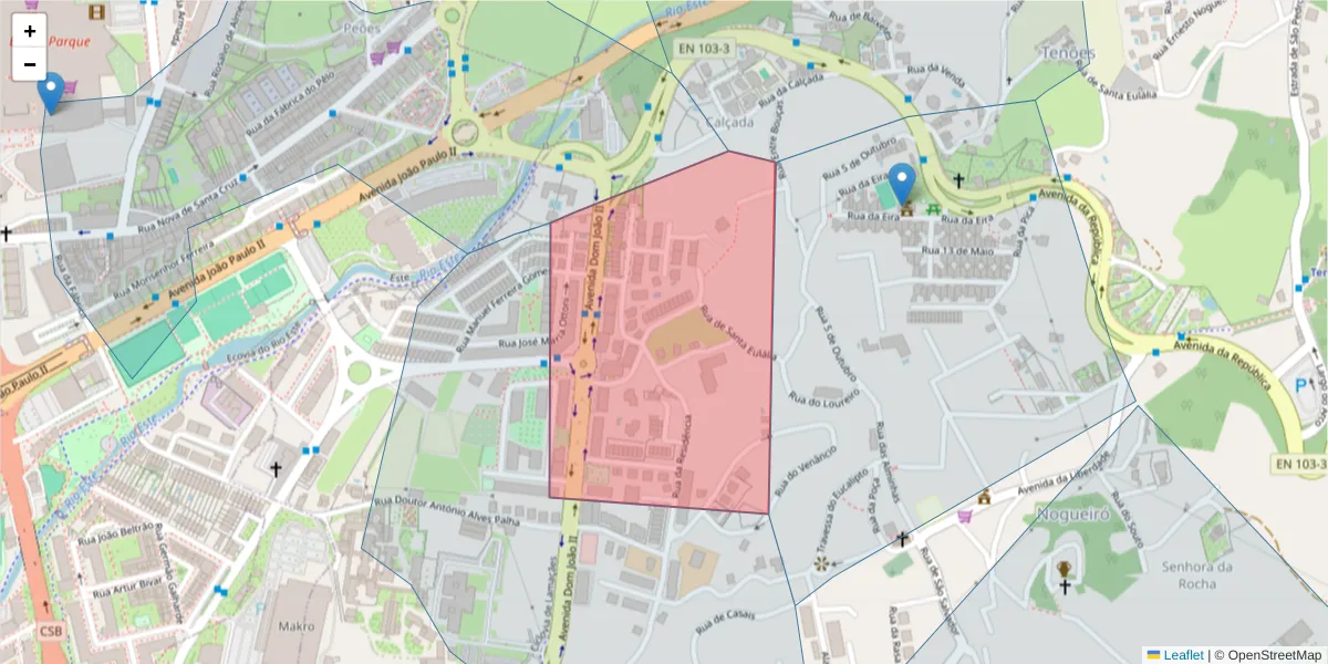 Mapa detalhado do código postal 4715-303 com limites, códigos postais vizinhos e agências dos correios