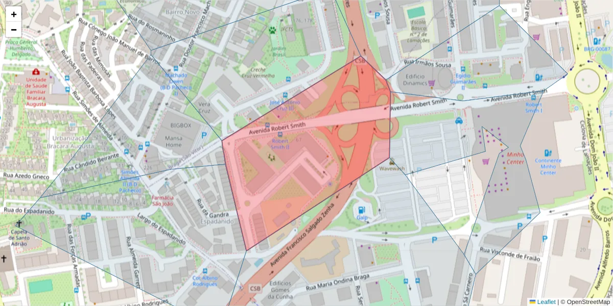 Mapa detalhado do código postal 4715-400 com limites, códigos postais vizinhos e agências dos correios