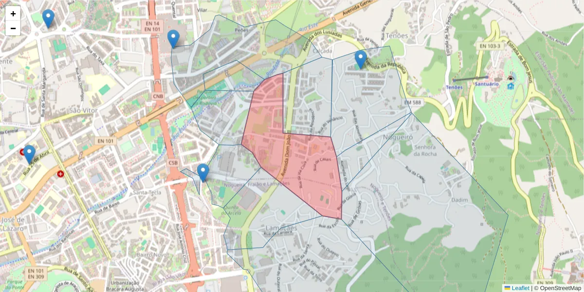 Mapa detalhado do código postal 4715-405 com limites, códigos postais vizinhos e agências dos correios