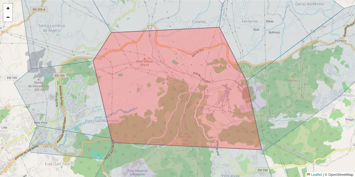 Mapa detalhado do código postal 4715-477 com limites, códigos postais vizinhos e agências dos correios