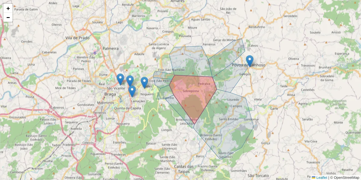 Mapa detalhado do código postal 4715-553 com limites, códigos postais vizinhos e agências dos correios