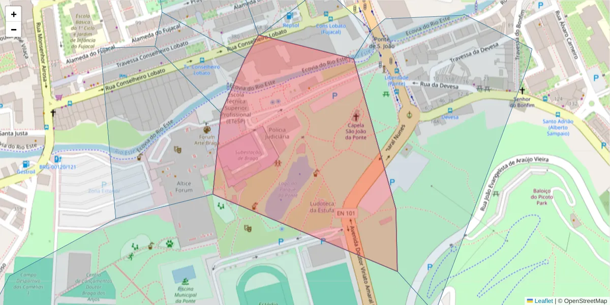 Mapa detalhado do código postal 4715-558 com limites, códigos postais vizinhos e agências dos correios