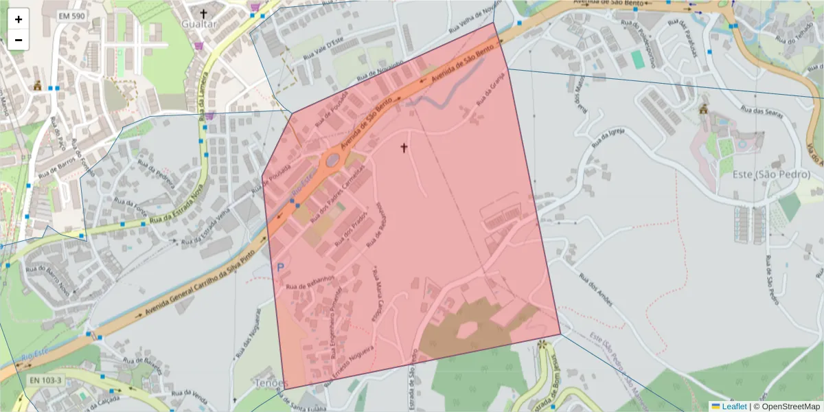 Mapa detalhado do código postal 4715-595 com limites, códigos postais vizinhos e agências dos correios