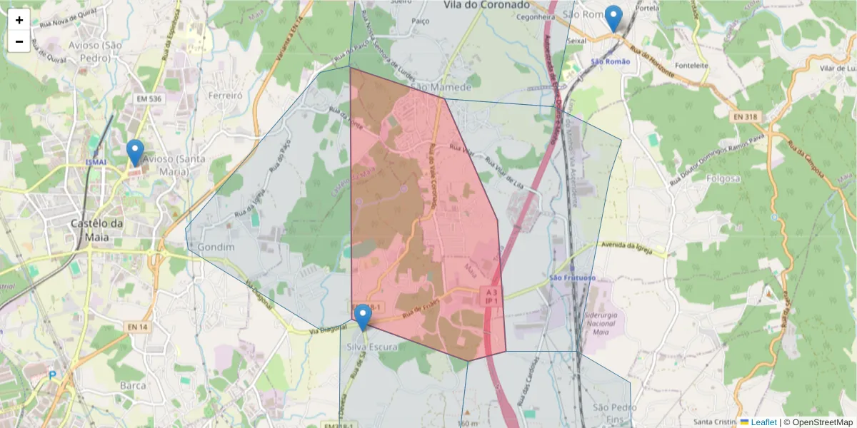 Mapa detalhado do código postal 4745-477 com limites, códigos postais vizinhos e agências dos correios
