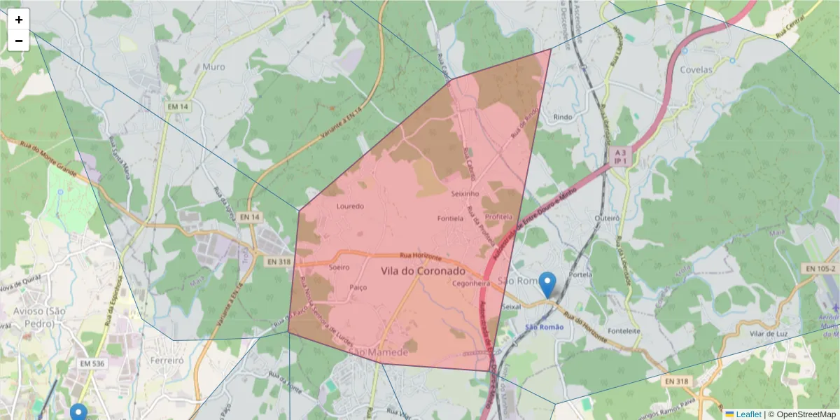 Mapa detalhado do código postal 4745-524 com limites, códigos postais vizinhos e agências dos correios