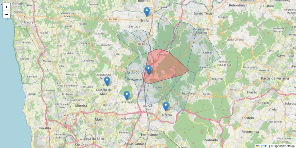 Mapa detalhado do código postal 4745-561 com limites, códigos postais vizinhos e agências dos correios