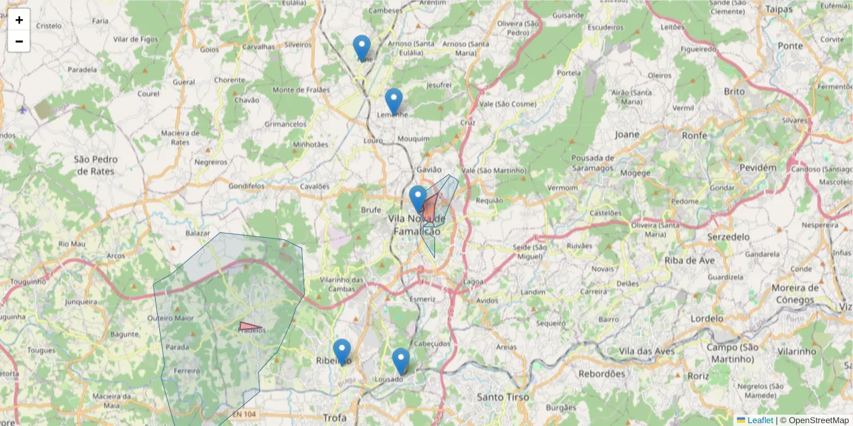 Mapa detalhado do código postal 4760-010 com limites, códigos postais vizinhos e agências dos correios
