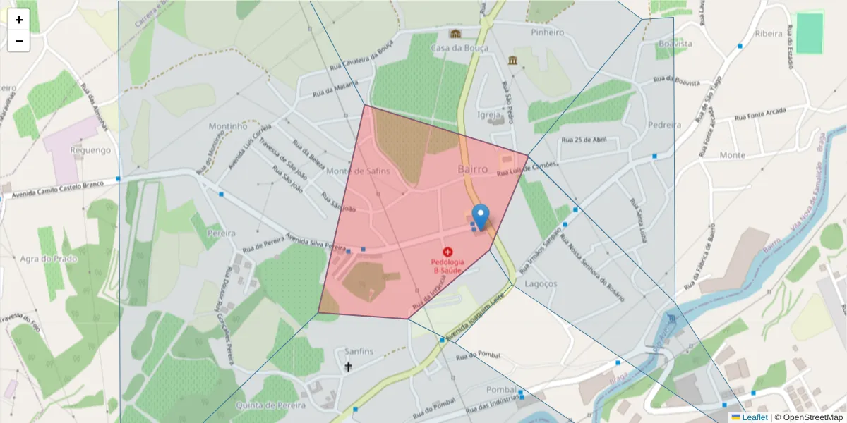 Mapa detalhado do código postal 4760-014 com limites, códigos postais vizinhos e agências dos correios