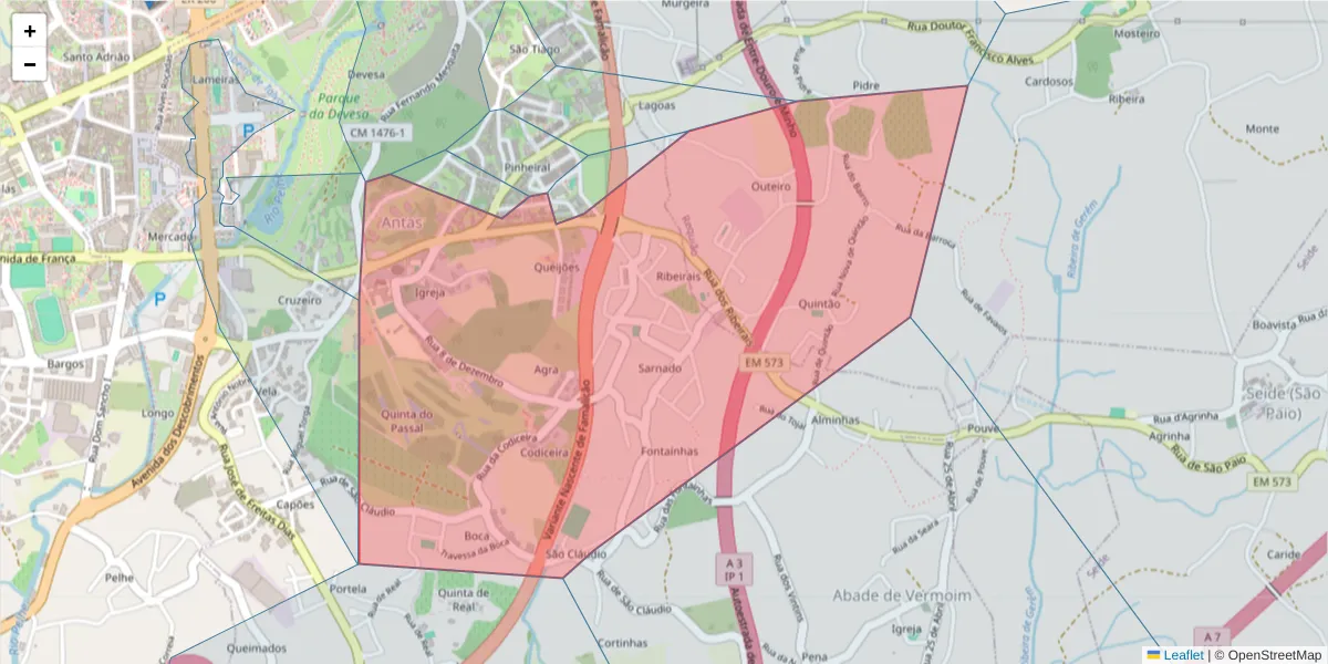 Mapa detalhado do código postal 4760-037 com limites, códigos postais vizinhos e agências dos correios
