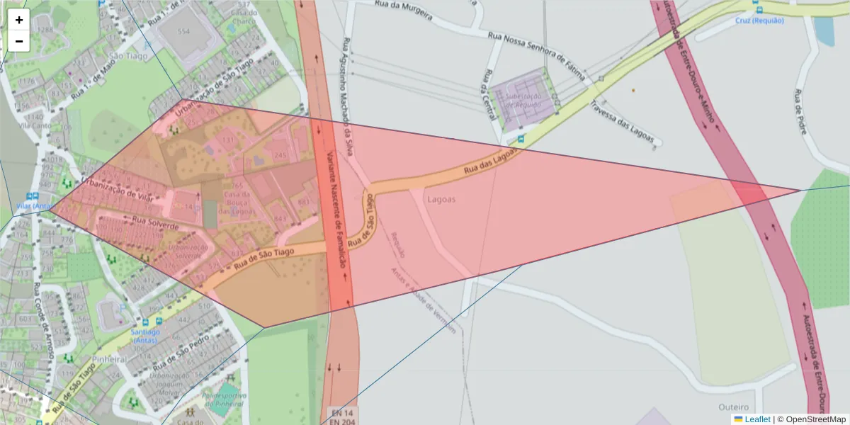 Mapa detalhado do código postal 4760-057 com limites, códigos postais vizinhos e agências dos correios