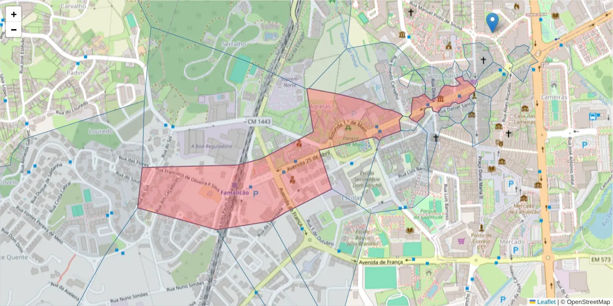 Mapa detalhado do código postal 4760-101 com limites, códigos postais vizinhos e agências dos correios