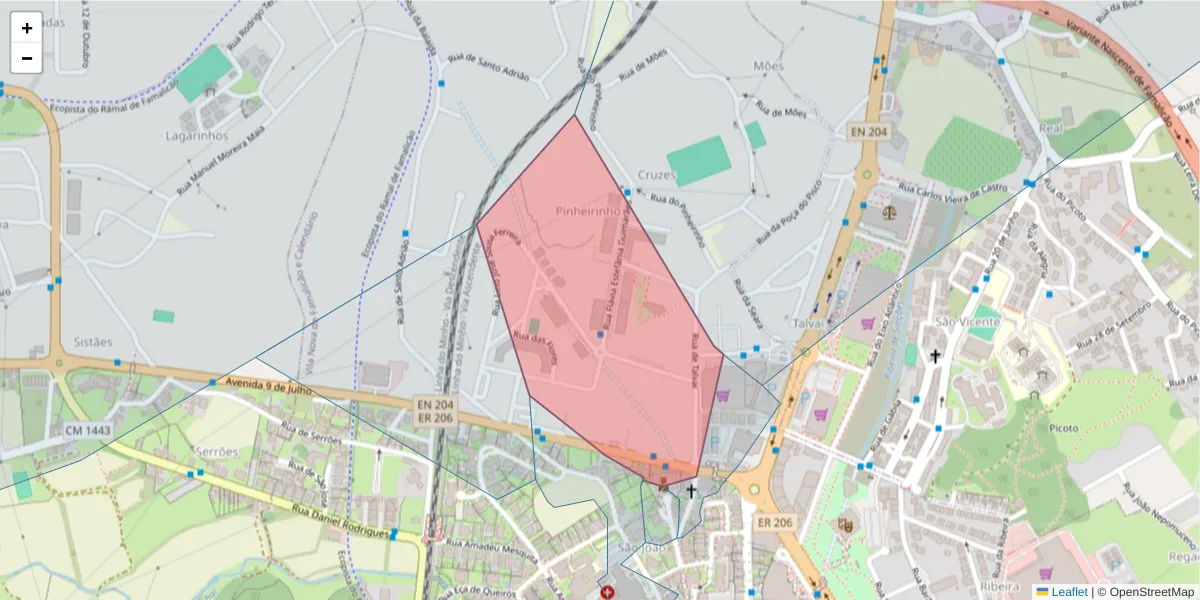 Mapa detalhado do código postal 4760-102 com limites, códigos postais vizinhos e agências dos correios