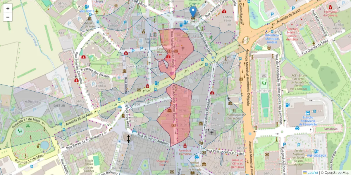 Mapa detalhado do código postal 4760-114 com limites, códigos postais vizinhos e agências dos correios