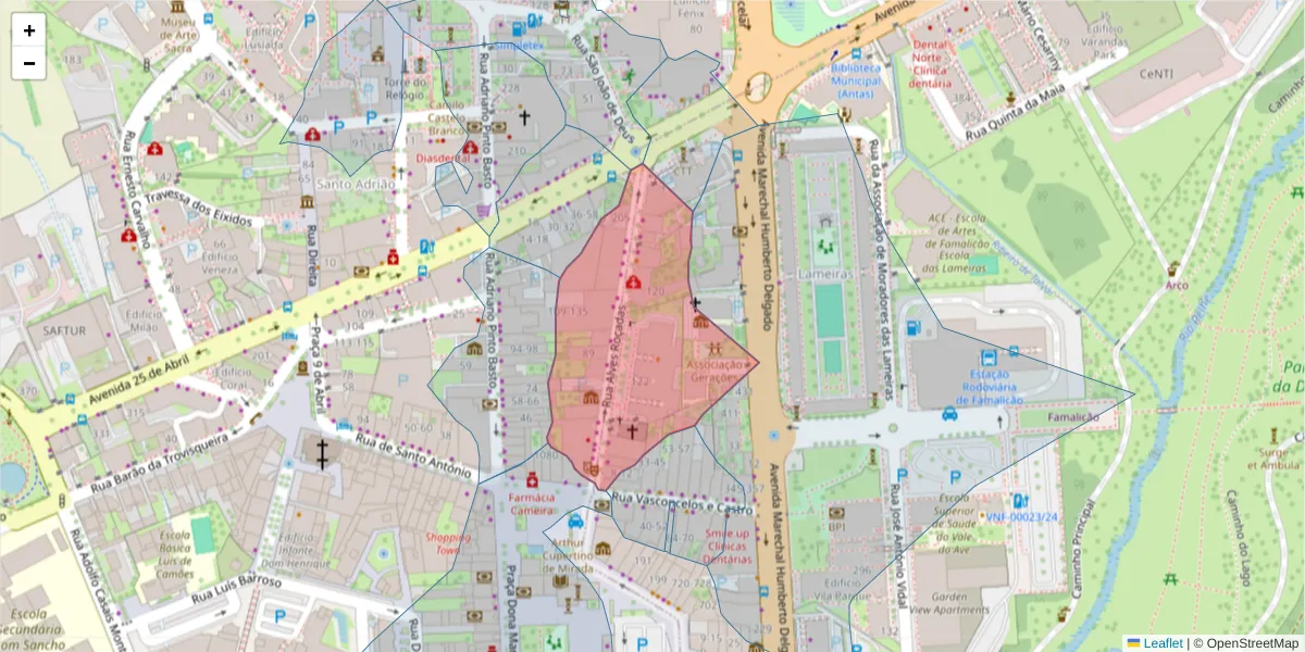 Mapa detalhado do código postal 4760-118 com limites, códigos postais vizinhos e agências dos correios