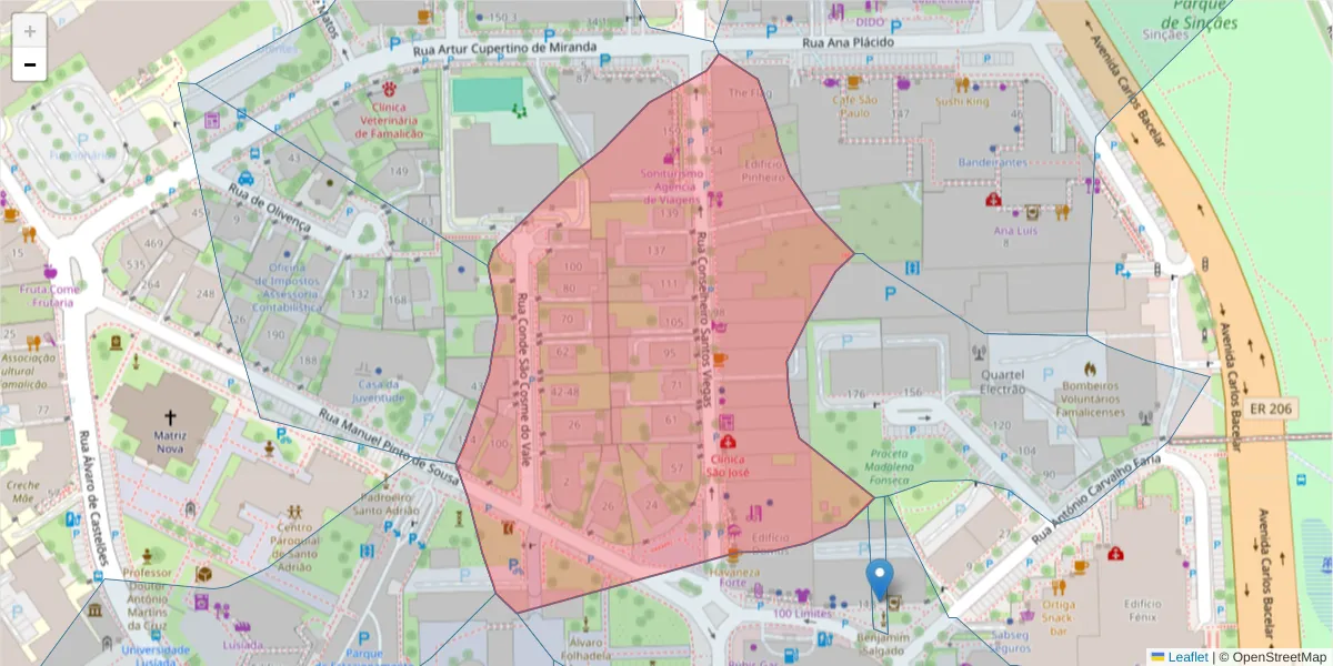 Mapa detalhado do código postal 4760-129 com limites, códigos postais vizinhos e agências dos correios