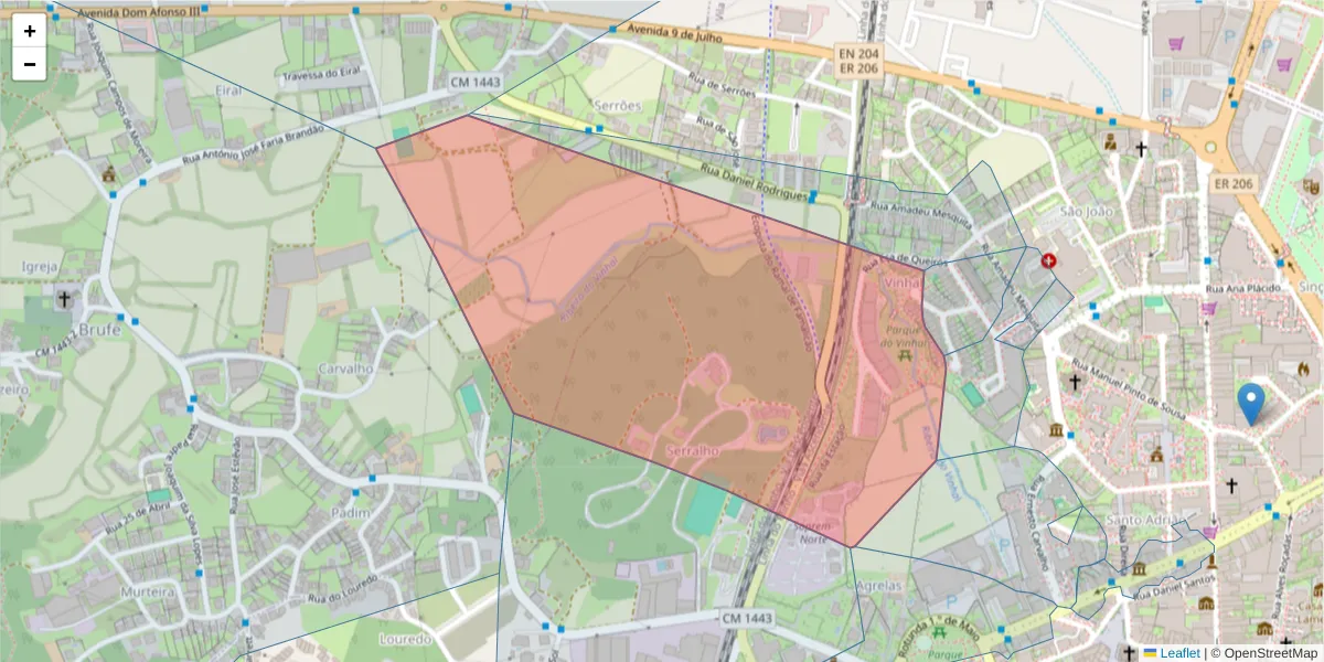 Mapa detalhado do código postal 4760-141 com limites, códigos postais vizinhos e agências dos correios