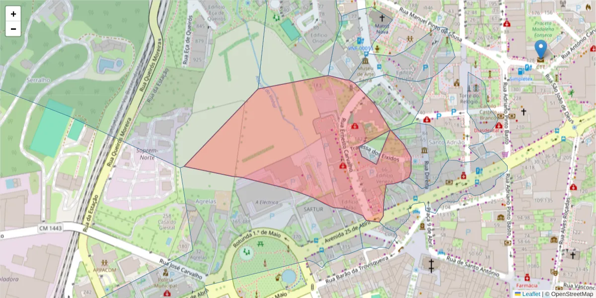 Mapa detalhado do código postal 4760-143 com limites, códigos postais vizinhos e agências dos correios
