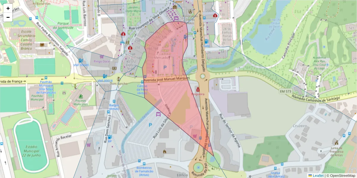 Mapa detalhado do código postal 4760-149 com limites, códigos postais vizinhos e agências dos correios