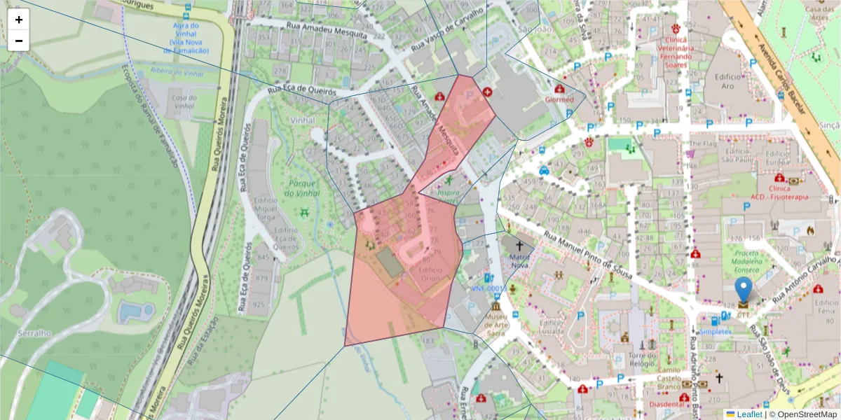 Mapa detalhado do código postal 4760-159 com limites, códigos postais vizinhos e agências dos correios