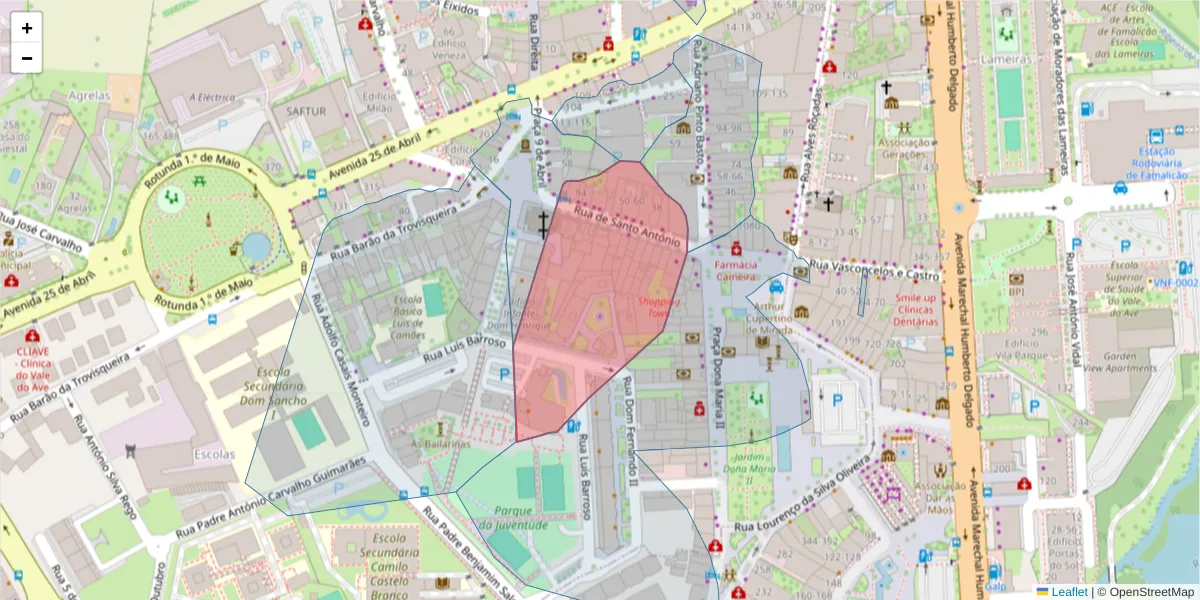 Mapa detalhado do código postal 4760-161 com limites, códigos postais vizinhos e agências dos correios