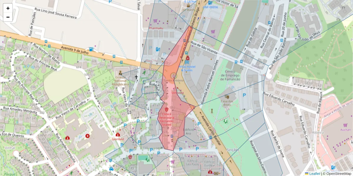 Mapa detalhado do código postal 4760-164 com limites, códigos postais vizinhos e agências dos correios
