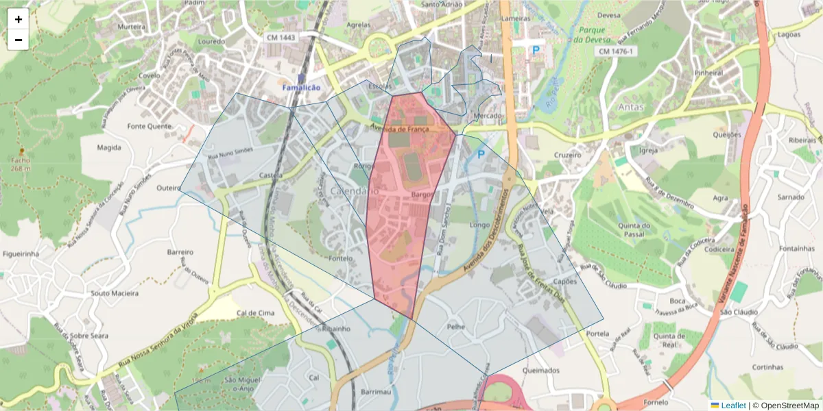 Mapa detalhado do código postal 4760-282 com limites, códigos postais vizinhos e agências dos correios