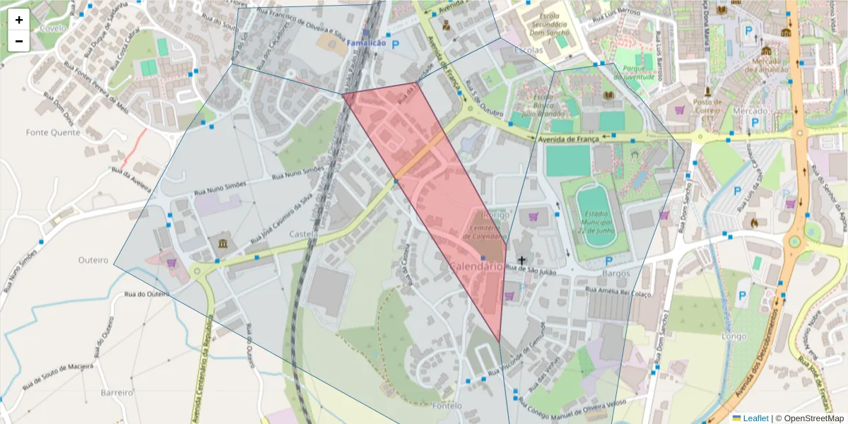 Mapa detalhado do código postal 4760-292 com limites, códigos postais vizinhos e agências dos correios