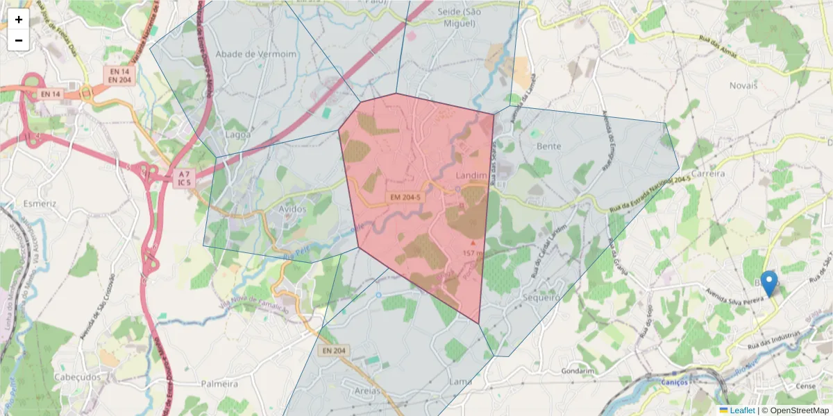 Mapa detalhado do código postal 4760-306 com limites, códigos postais vizinhos e agências dos correios