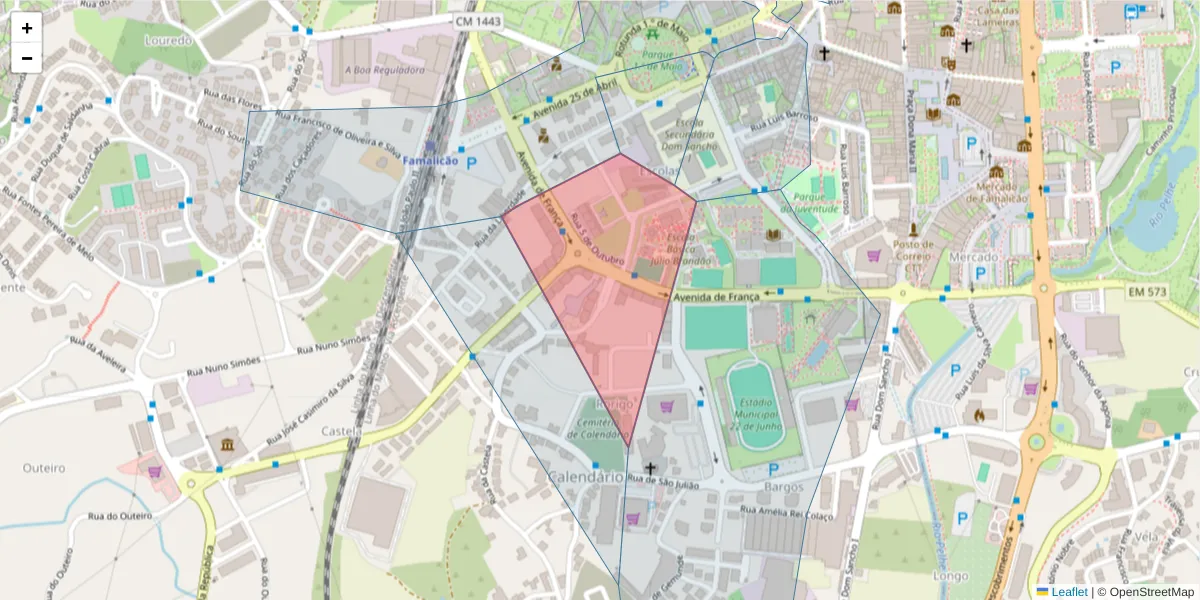 Mapa detalhado do código postal 4760-383 com limites, códigos postais vizinhos e agências dos correios