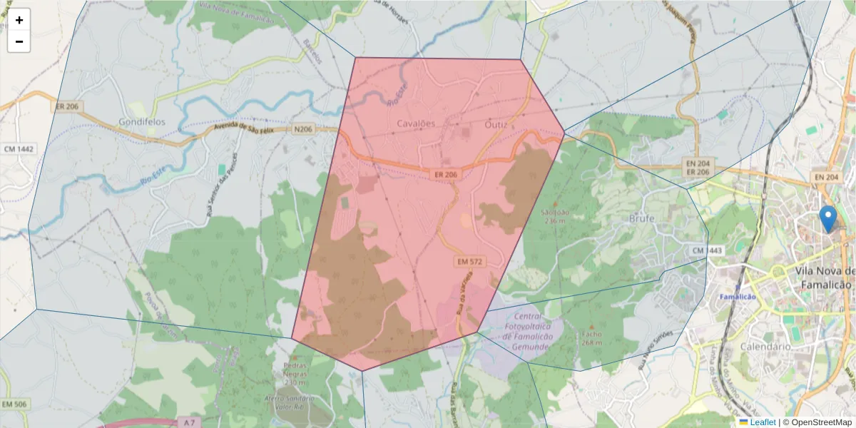Mapa detalhado do código postal 4760-450 com limites, códigos postais vizinhos e agências dos correios