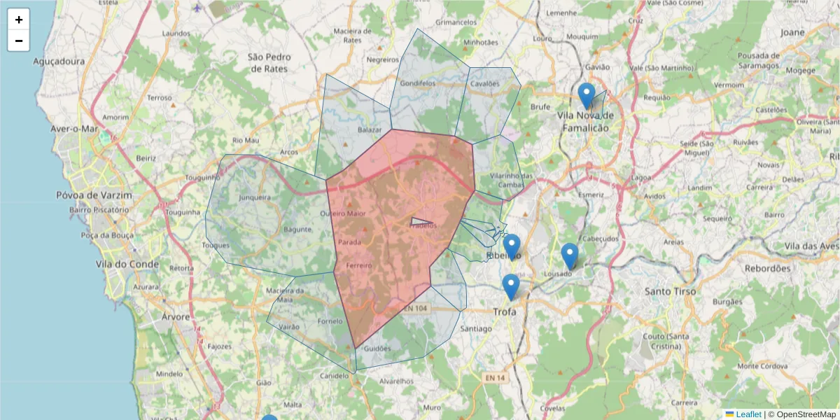 Mapa detalhado do código postal 4760-485 com limites, códigos postais vizinhos e agências dos correios