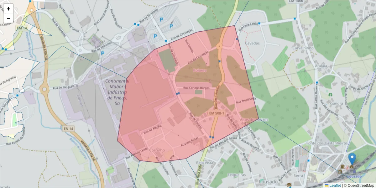 Mapa detalhado do código postal 4760-641 com limites, códigos postais vizinhos e agências dos correios