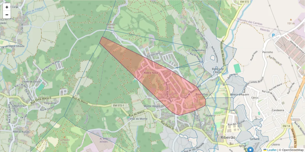 Mapa detalhado do código postal 4760-702 com limites, códigos postais vizinhos e agências dos correios