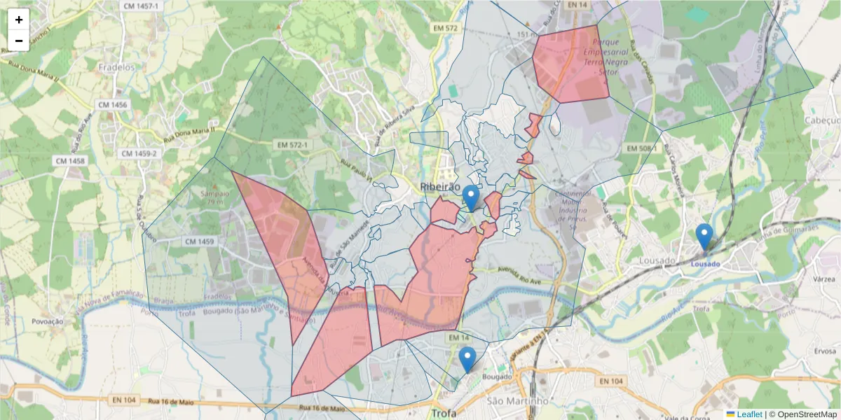 Mapa detalhado do código postal 4760-706 com limites, códigos postais vizinhos e agências dos correios