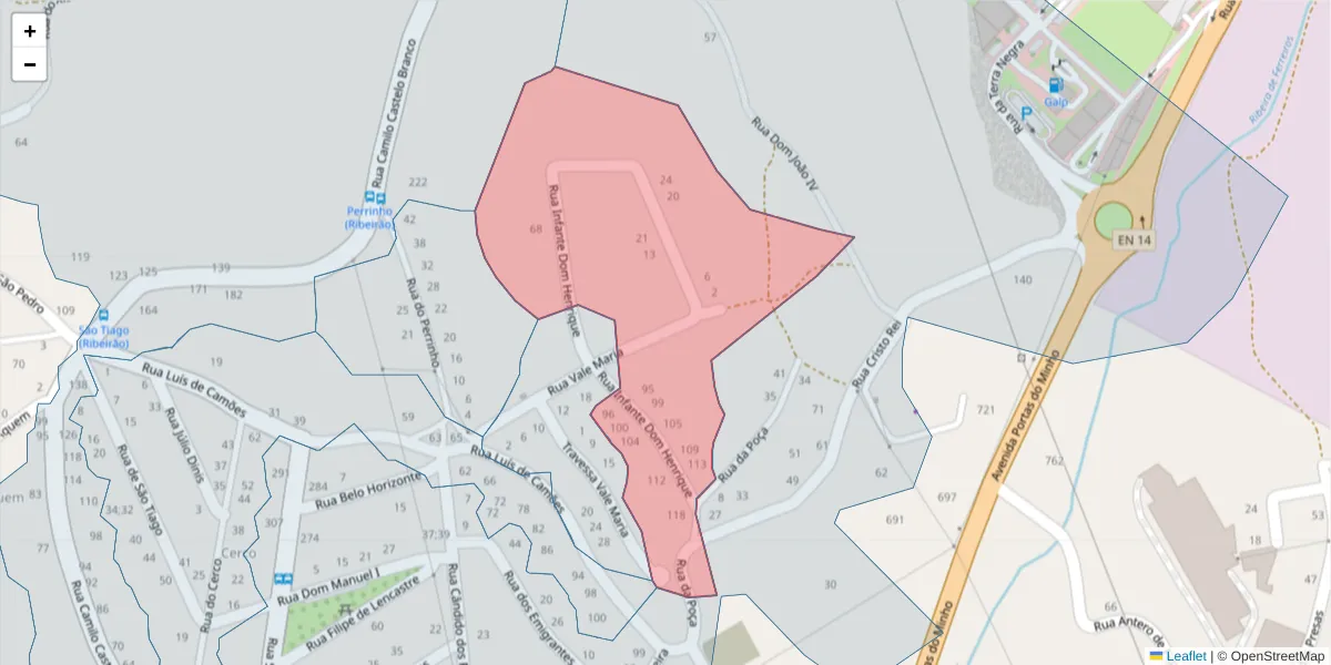 Mapa detalhado do código postal 4760-711 com limites, códigos postais vizinhos e agências dos correios