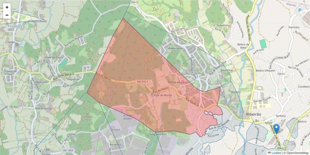 Mapa detalhado do código postal 4760-724 com limites, códigos postais vizinhos e agências dos correios