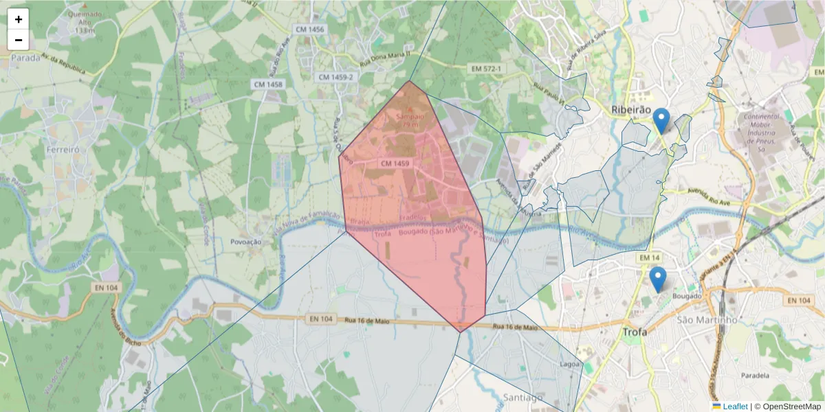 Mapa detalhado do código postal 4760-725 com limites, códigos postais vizinhos e agências dos correios
