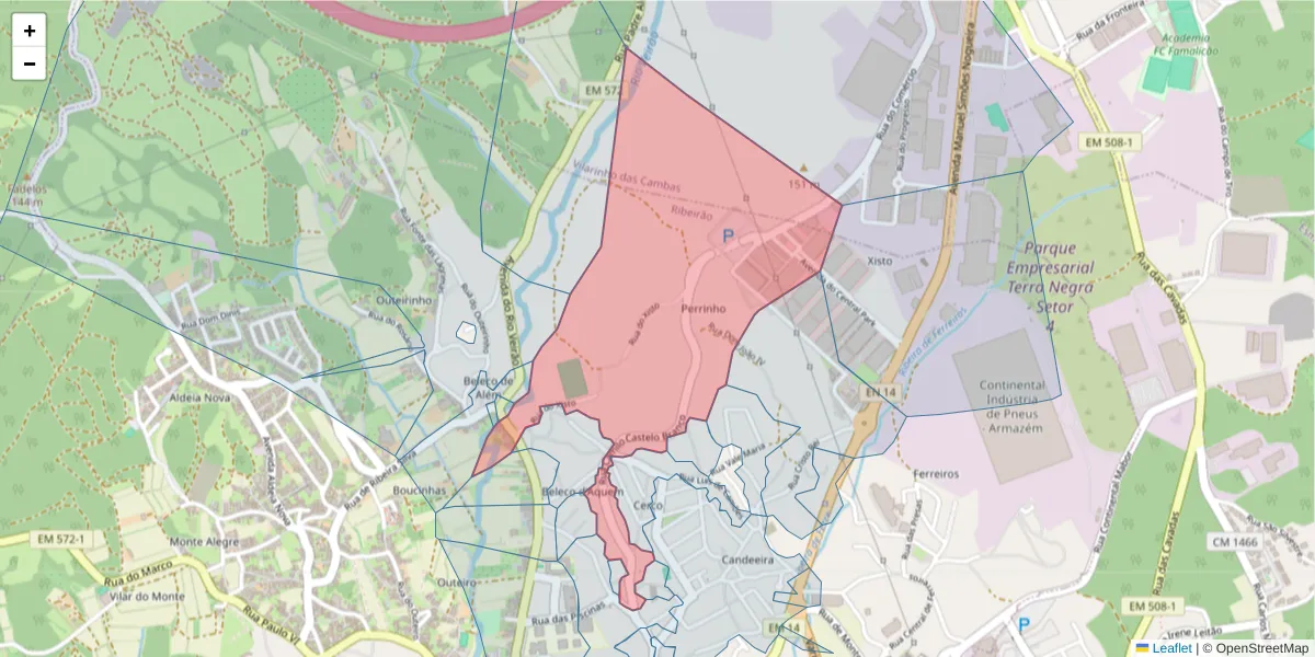 Mapa detalhado do código postal 4760-731 com limites, códigos postais vizinhos e agências dos correios