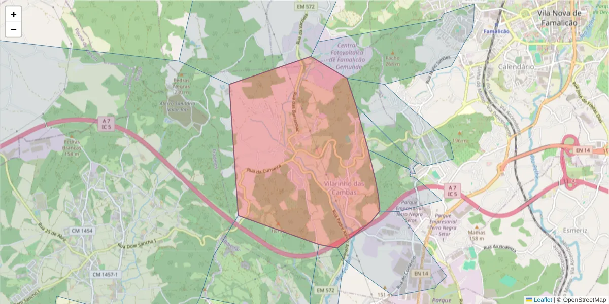Mapa detalhado do código postal 4760-760 com limites, códigos postais vizinhos e agências dos correios