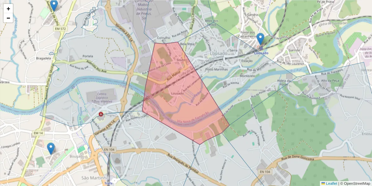 Mapa detalhado do código postal 4760-813 com limites, códigos postais vizinhos e agências dos correios
